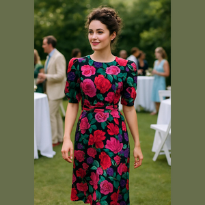 80s NUIT SILK BLK & PINK ROSES PUFFED SLEEVE FIT & FLARE SASHED MIDI DRESS SZ 4